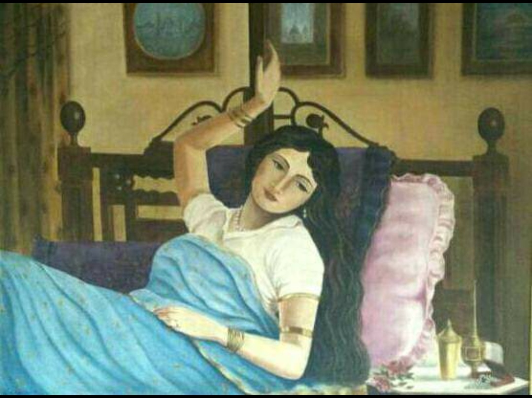 Reclining woman in blue sari, oil on canvas