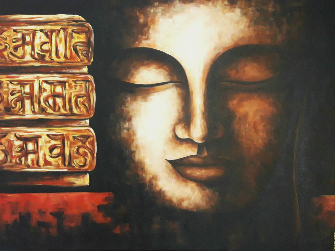 Buddha with Sanskrit blocks, oil on canvas