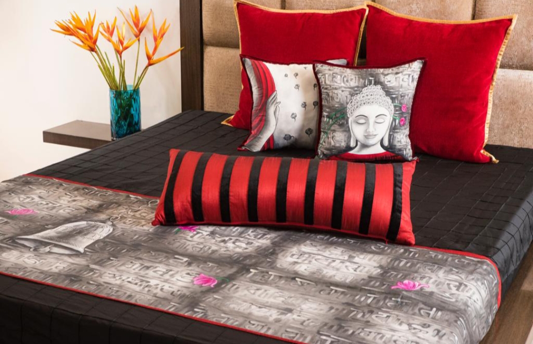 Hand-painted bedroom ensemble — bedcover and Buddha cushions